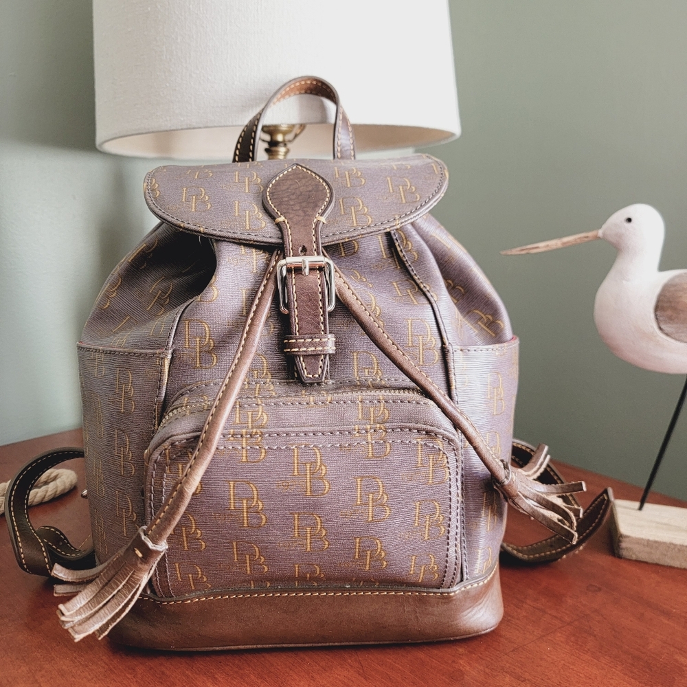 Dooney & Bourke DB Monogram Backpack Pewter Gray Coated Canvas Leather